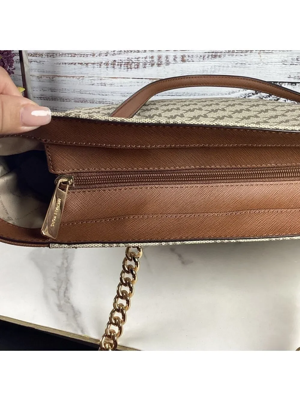 Michael‎ Kors Jet Set Chain Large work Tote Bag Brown tan signature laptop NWT